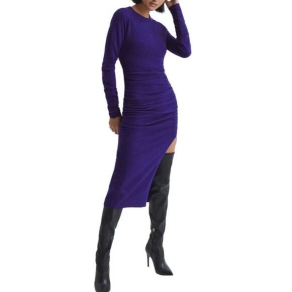 Reiss Charley Midi Dress Wool Viscose Blend Ruched Knit Plum Women's Large NWT - Picture 1 of 14